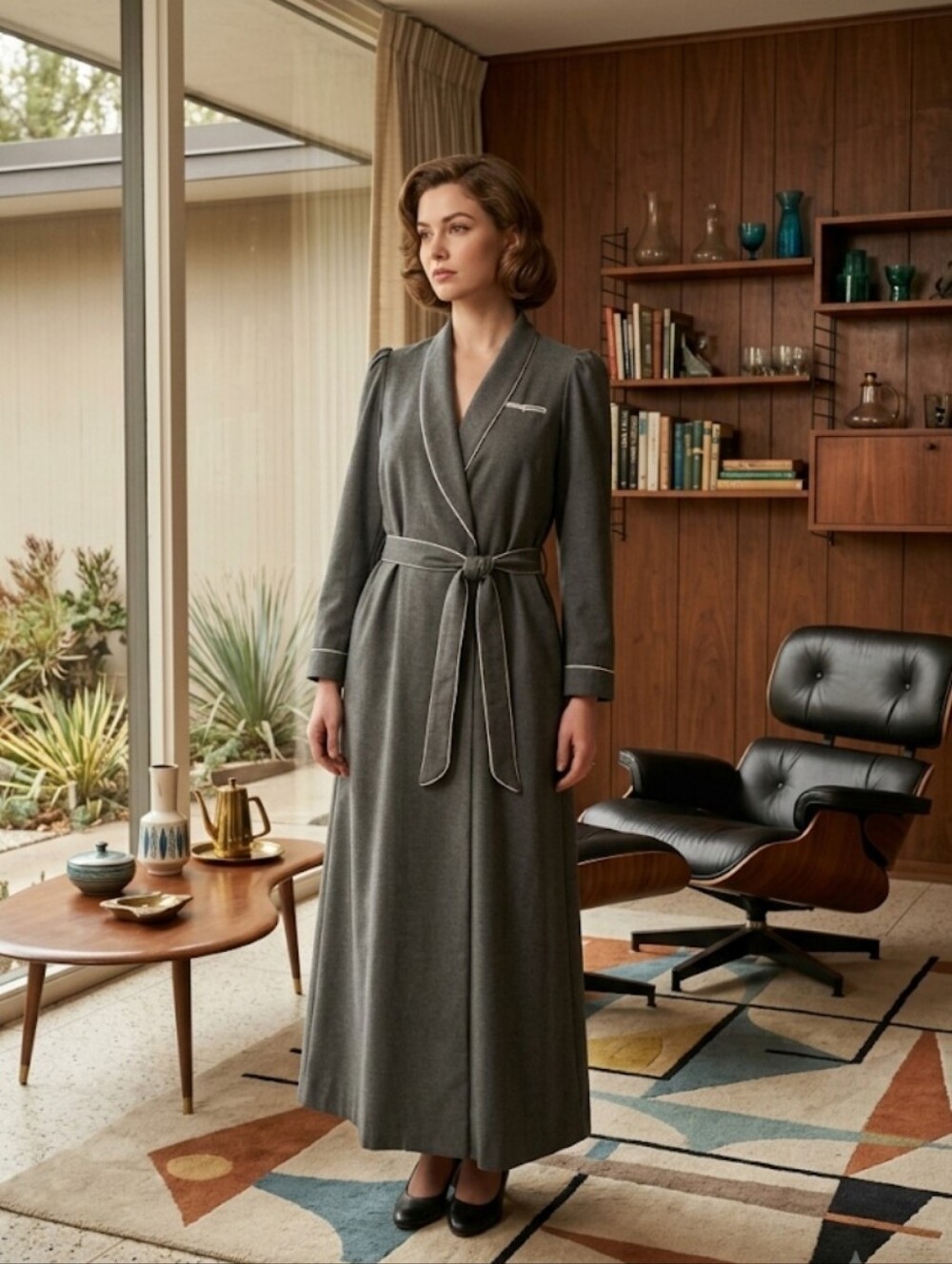 Vtg Authentic Mid Century Dressing Gown S-M Grey Wool Robe Miss Elaine